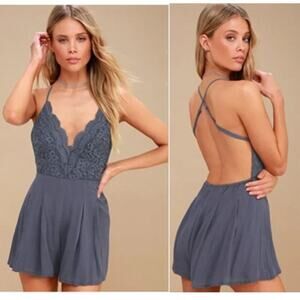 Lulus Star Spangled Indigo Backless Lace Romper (L)